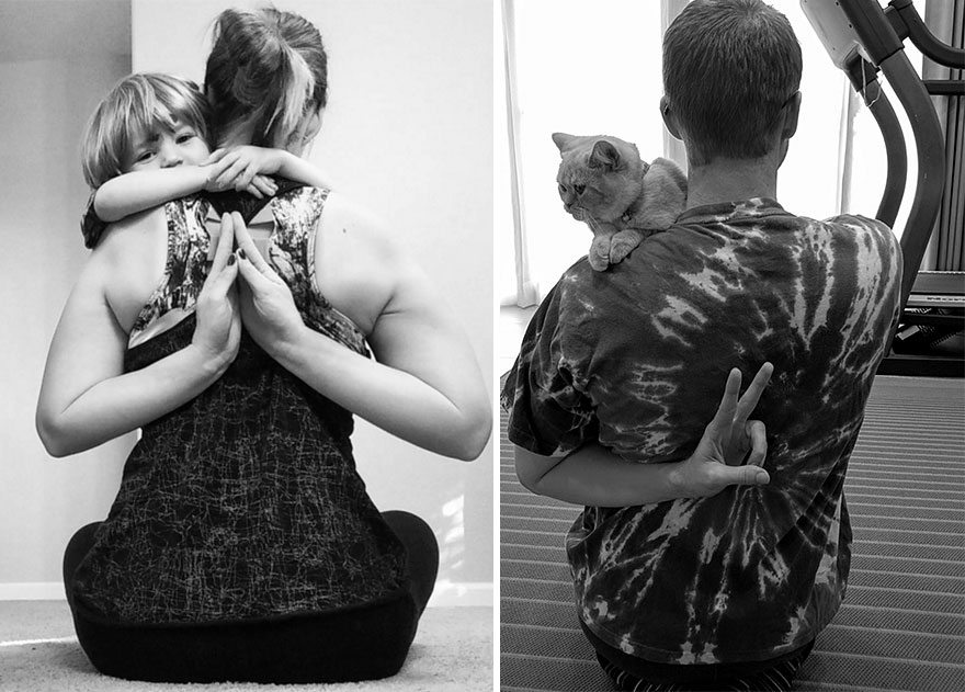 Un chico soltero utilizando un gato recrea fotos de su hermana gemela con su bebé (7 fotos)