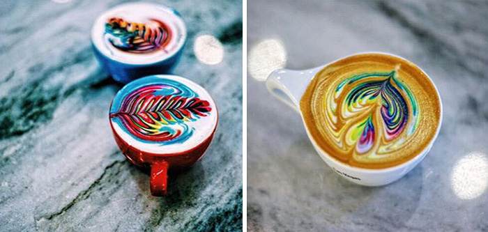 Este camarero crea arte colorido en el café con leche usando tinte alimentario