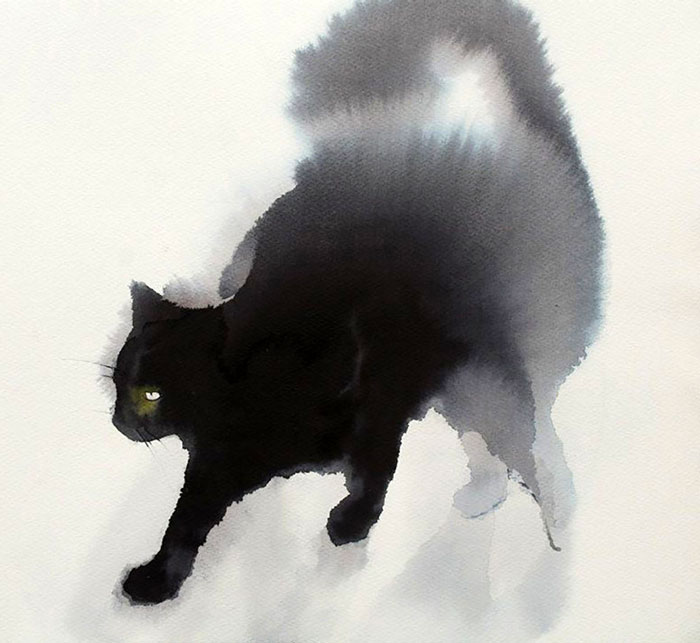 Estos lúgubres gatos negros hechos con acuarelas se diluyen lentamente en el papel