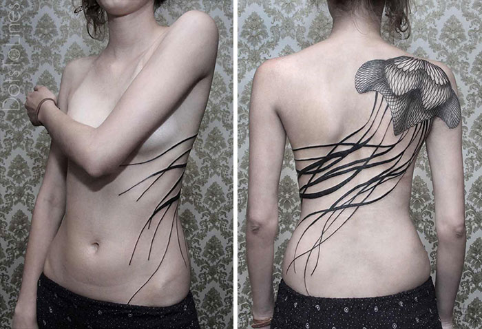 Estos tatuajes lineales geométricos hechos por Chaim Machlev flotan elegantemente por el cuerpo