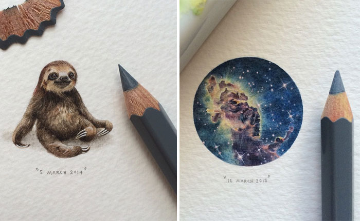Increíbles pinturas en miniatura de galaxias, animales y libros por Lorraine Loots
