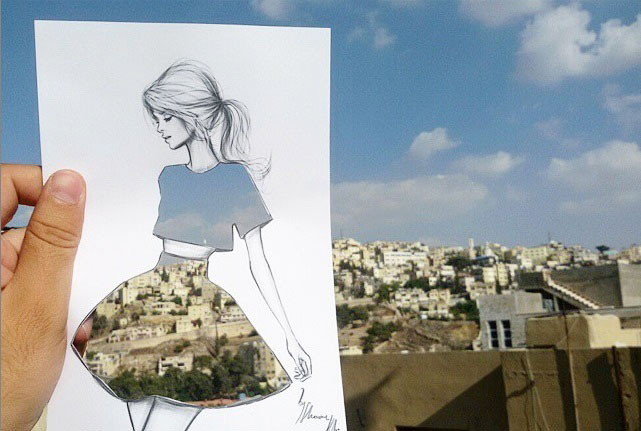 Este ilustrador de moda completa sus vestidos recortables con nubes y edificios