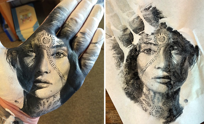 Este profesor pinta retratos realistas en su mano y los estampa en papel