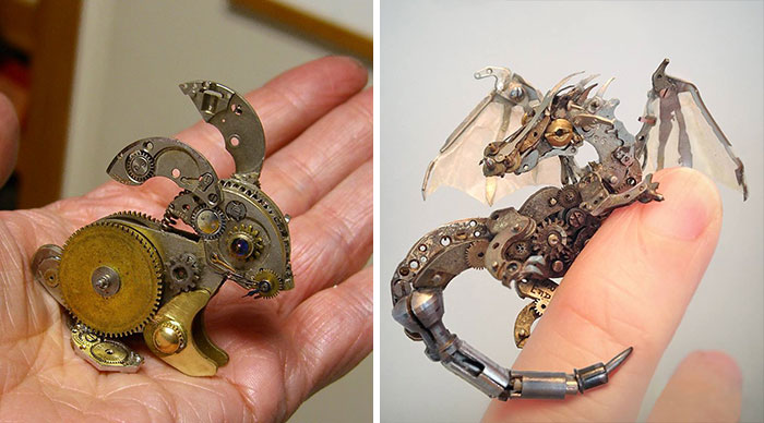 Esculturas steampunk hechas con piezas recicladas de relojes antiguos, por Susan Beatrice