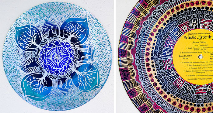 Esta terapeuta artística pinta mandalas en discos de vinilo