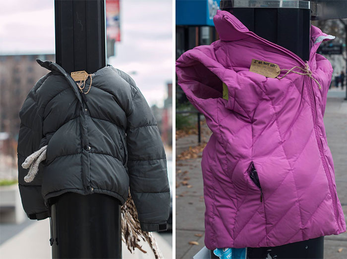 Estas niñas ataron abrigos a farolas y postes para ayudar a los indigentes a prepararse para el invierno en Canadá
