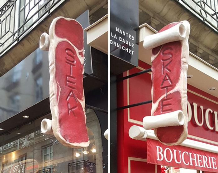 Una carnicería y una tienda de monopatines comparten cartel y funciona para ambos