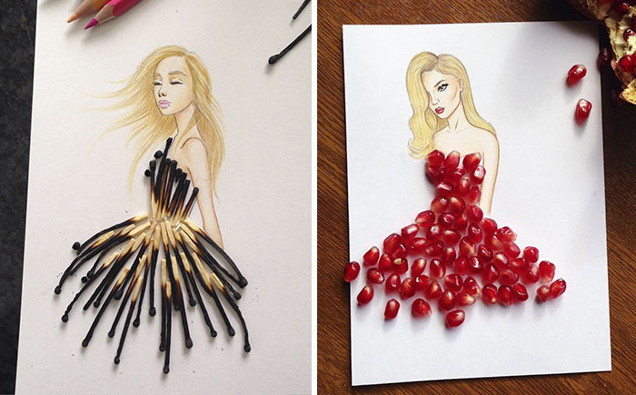 Este ilustrador armenio completa sus vestidos recortables con objetos cotidianos