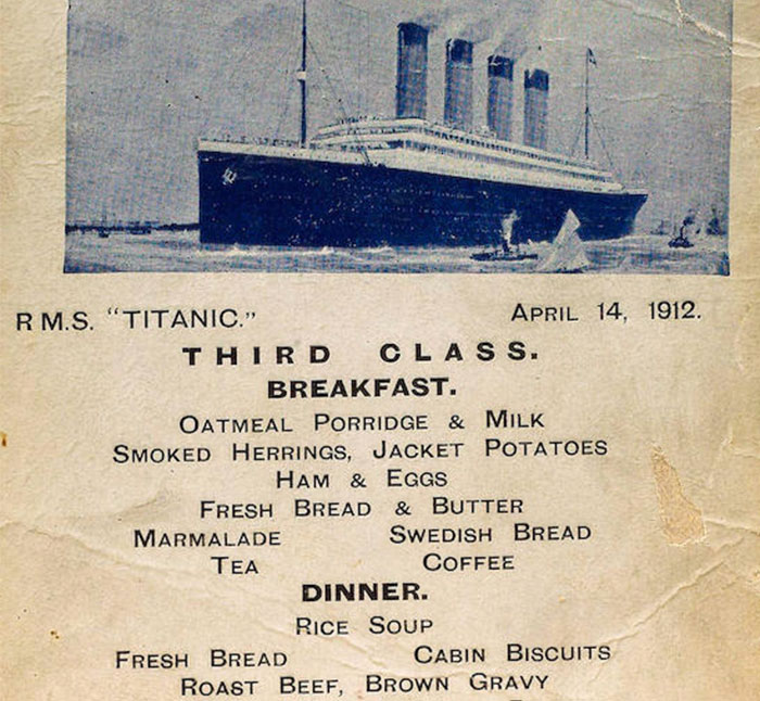 Los menús con la comida del Titanic para los pasajeros de 1ª, 2ª y 3ª clase