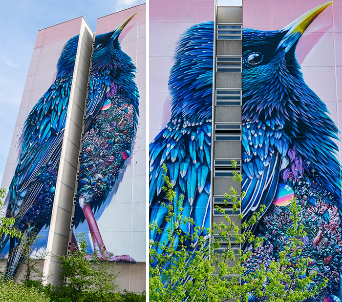 Este mural gigante de un estornino en Berlín está lleno de diminutas sorpresas