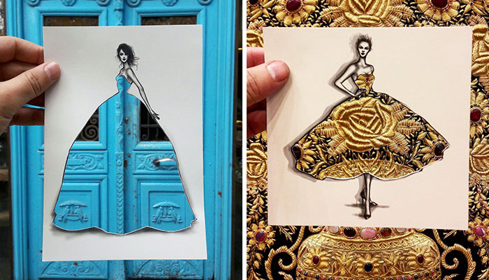 Este ilustrador de moda completa sus vestidos recortables con nubes y edificios (2ª parte)