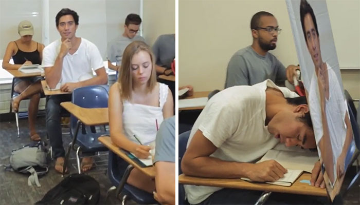 Este chico encontró una ingeniosa forma de que no le pillen durmiendo en clase