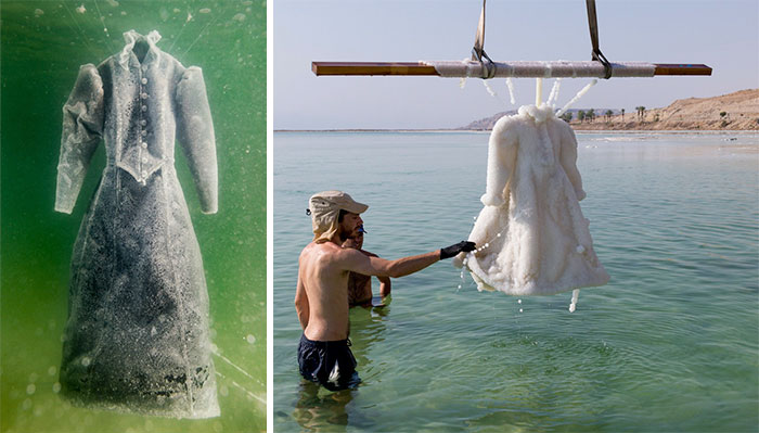 Este artista dejó sumergido un vestido en el mar Muerto 2 años y se convirtió en brillantes cristales de sal