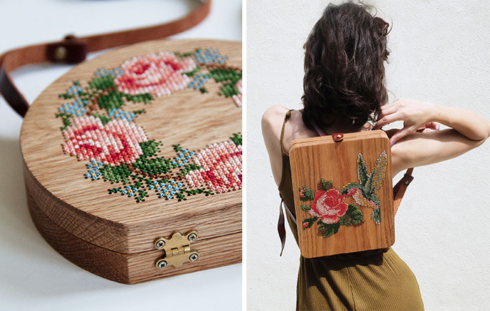 Bolsos de madera con diseños de la naturaleza añadidos en punto de cruz