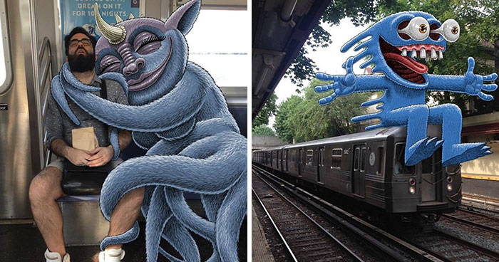 Este artista añade monstruos junto a los pasajeros del metro