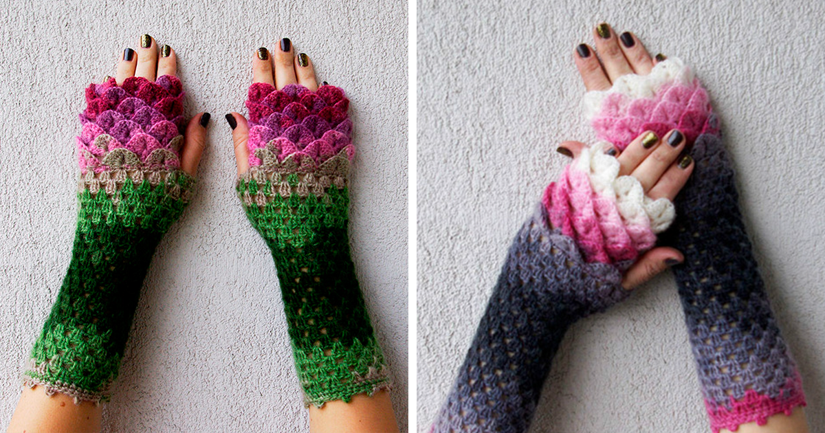 Guantes de dragu00f3n con escamas de ganchillo en tonos verdes y rosas, ideales para el invierno y proteger las manos.