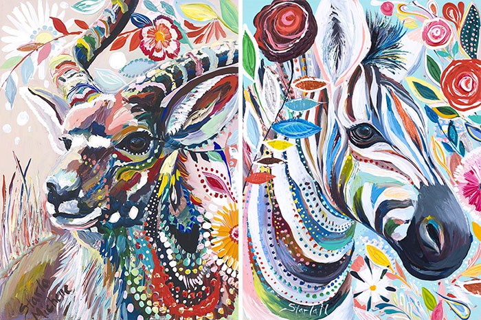 Coloridas pinturas al óleo de animales que a veces me lleva 5 años terminar