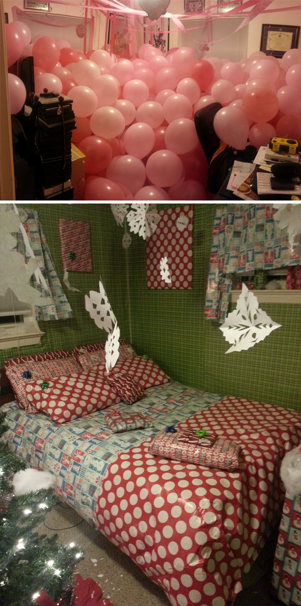 Mi Compañero Se Fue Unos Días Y Al Volver Encontró Su Cuarto Con 400 Globos. Se Vengó Cuando Su Compañero De Piso Se Fue De Vacaciones Envolviendo Todas Las Cosas De Su Cuarto En Papel De Regalo