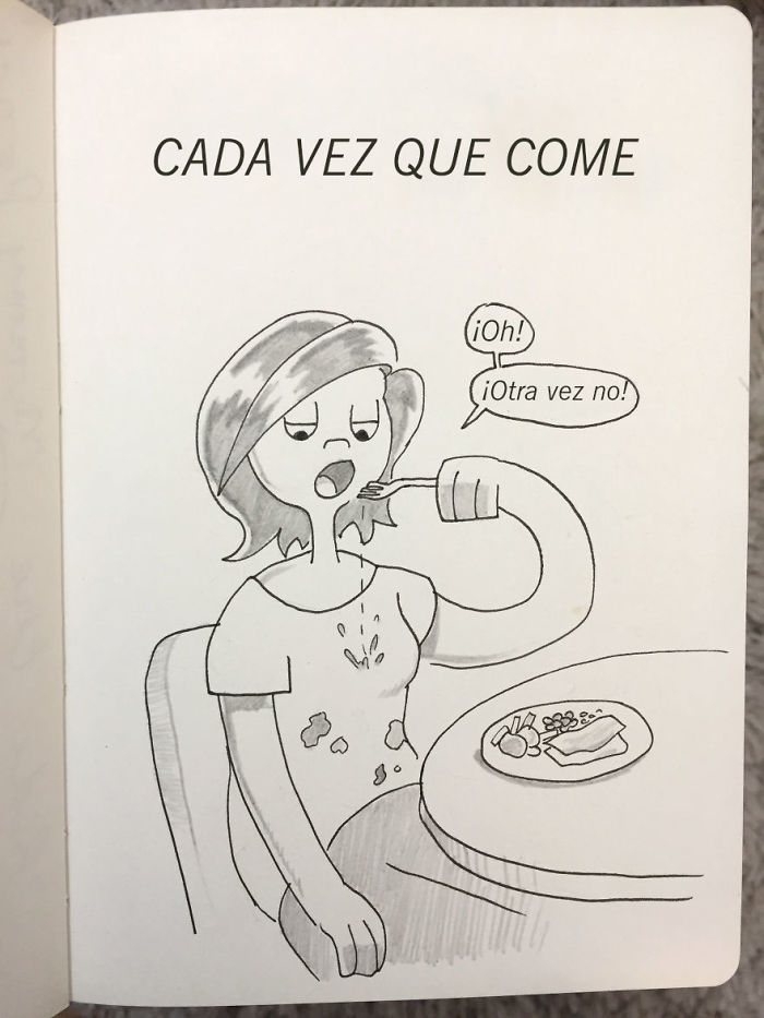 A Kellie se le cae comida encima durante cada comida y aún se sorprende cuando esto ocurre