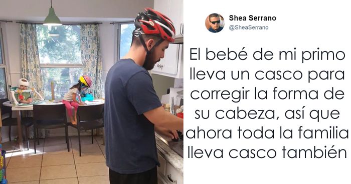Este bebé necesita llevar casco, así que toda la familia decide acompañarlo