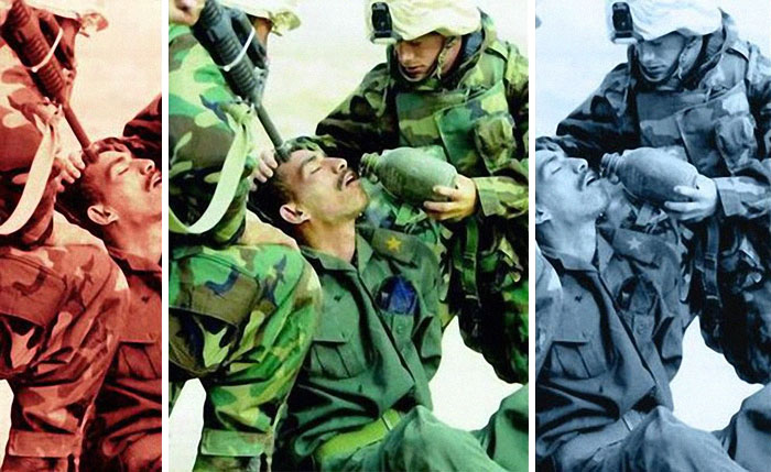 Marinces Estadounidenses Ayudando A Un Soldado Irakí Dándole Agua. 21 De Marzo De 2003