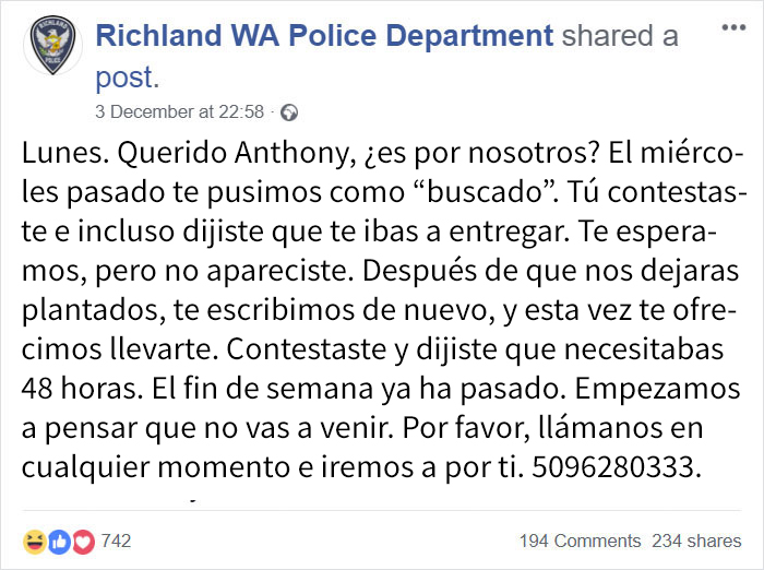 La policía publica un "Se busca" en Facebook, el buscado responde y la conversación es divertidísima
