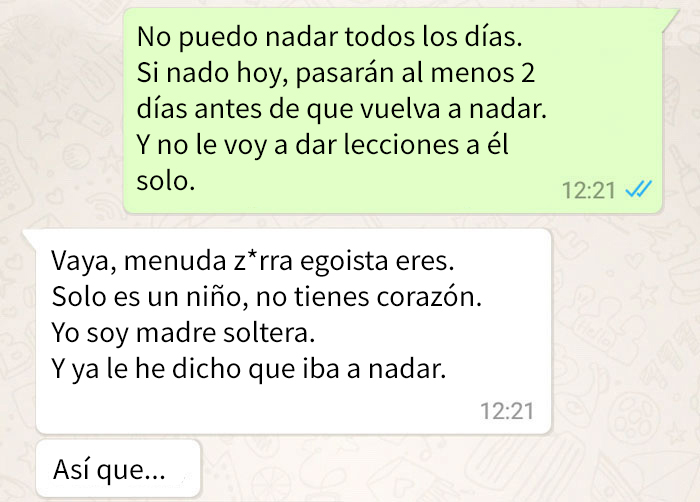 "Doy clases gratis de natación a niños. Esta madre exigía que enseñara a su hijo en exclusiva y le diera a ella el dinero"