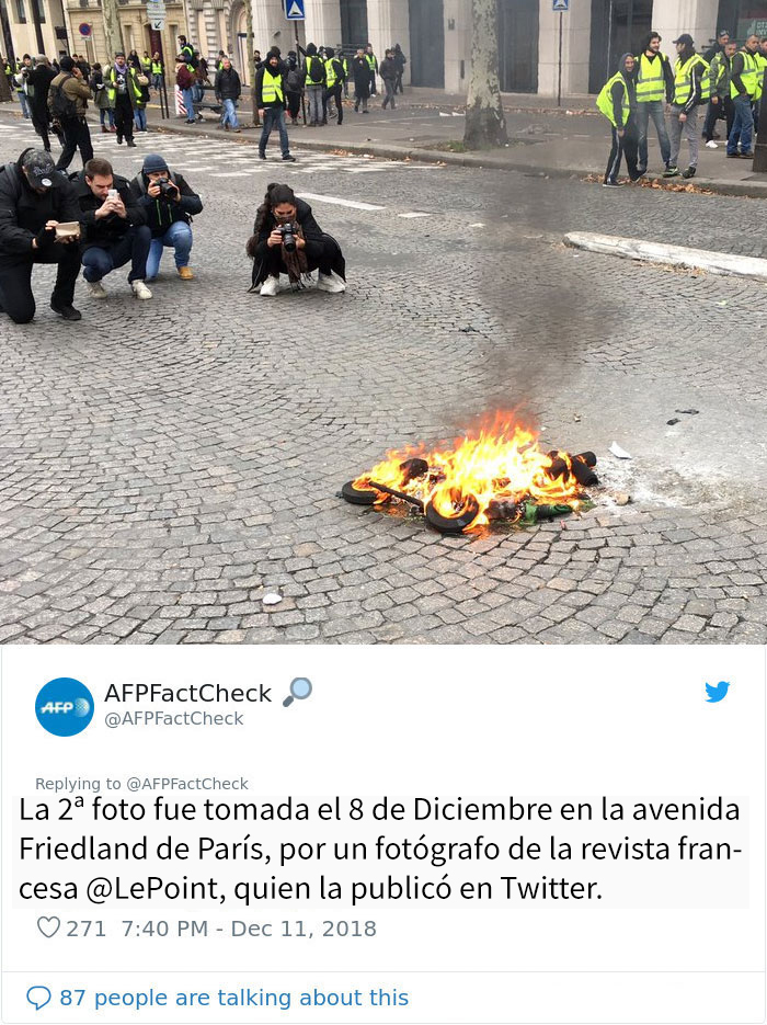 Muestran el "aspecto real" de las fogatas en las protestas de París, pero los hechos hablan por sí mismos