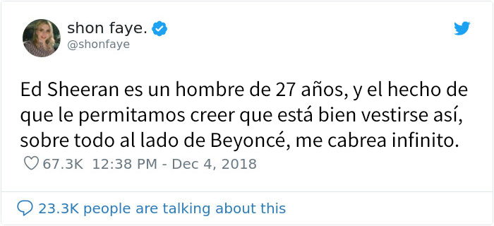Una mujer se quejó del modo de vestir de Ed Sheeran junto a Beyoncé, pero fue destrozada en Twitter