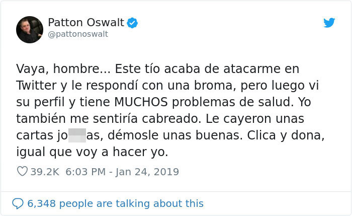 Patton Oswalt fue atacado por un trol en Twitter y al ver su perfil decide cambiar su vida por completo