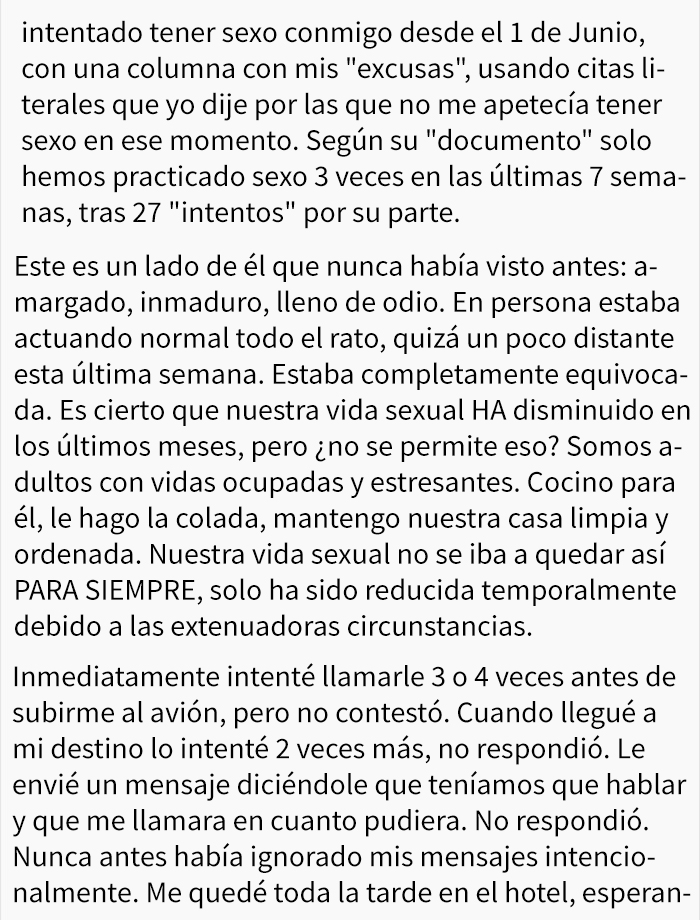 Este marido escribe cada vez que su mujer no quiso practicar sexo con él y se lo envió en un email cuando ella se fue en un viaje de trabajo