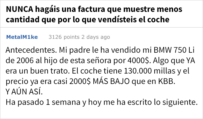 Un chico de 21 años se compró un coche, y su madre contactó con el vendedor para que le devolviera el dinero