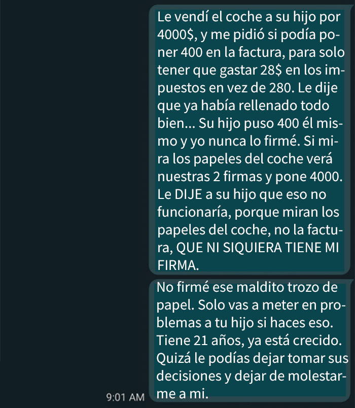 Un chico de 21 años se compró un coche, y su madre contactó con el vendedor para que le devolviera el dinero