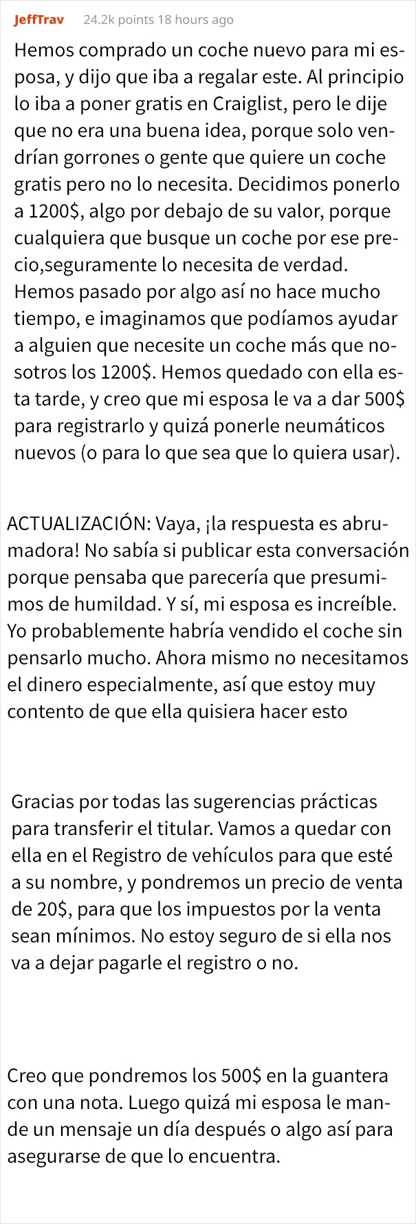 Este hombre comparte la conversación de su esposa con una posible compradora de su coche, y es lo opuesto de una pedigüeña