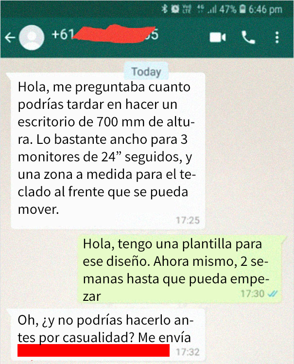 Este carpintero comparte la conversación con un niñato que le exigía una mesa personalizada en menos de 2 semanas