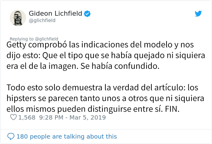 Un hipster se enfada porque han usado su foto en un artículo sobre el parecido entre los hipsters, y resulta que es otra persona