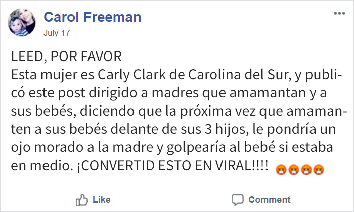 Esta madre amenaza con golpear a las mujeres que amamanten y a sus bebés, por lo que recibió reacciones negativas y perdió su empleo