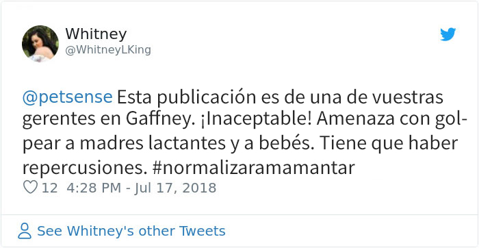 Esta madre amenaza con golpear a las mujeres que amamanten y a sus bebés, por lo que recibió reacciones negativas y perdió su empleo