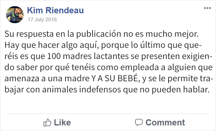 Esta madre amenaza con golpear a las mujeres que amamanten y a sus bebés, por lo que recibió reacciones negativas y perdió su empleo