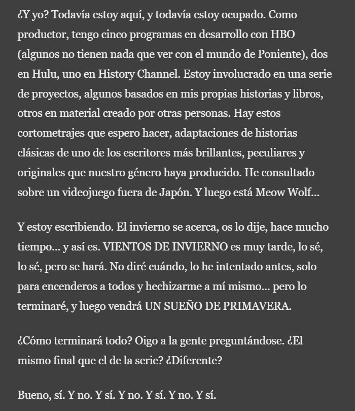 George R.R. Martin revela que el final en los libros será diferente al de la serie