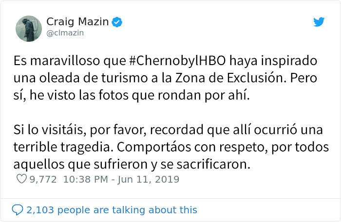 El creador de la serie de HBO "Chernobyl" amonesta a los influencers tras ver estas fotos