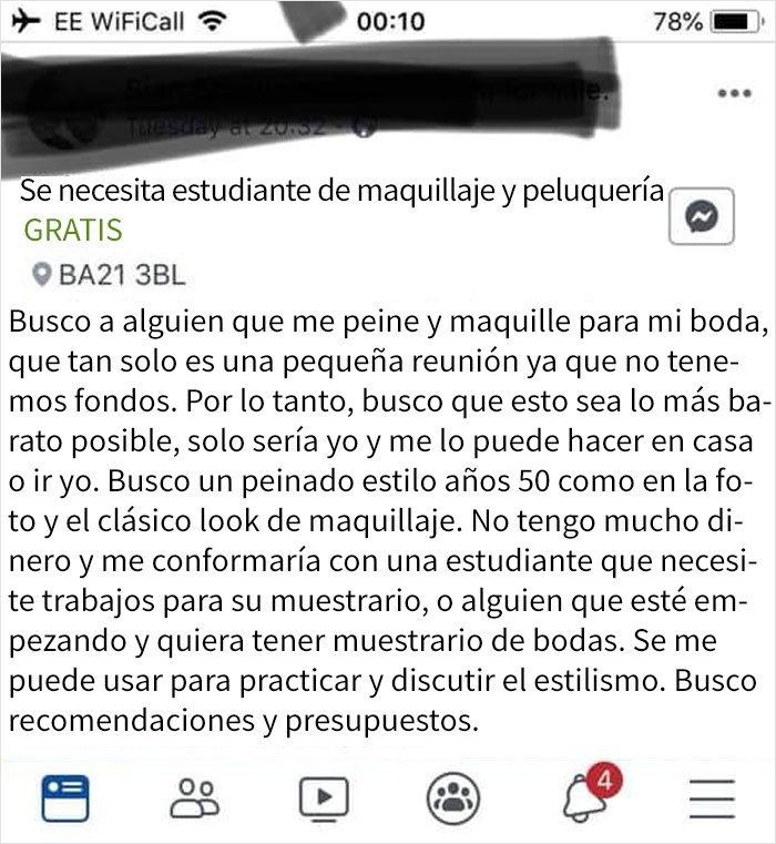 Esta maquilladora comparte capturas de pantalla de una novia que quería que le peinara y maquillara a cambio de visibilidad