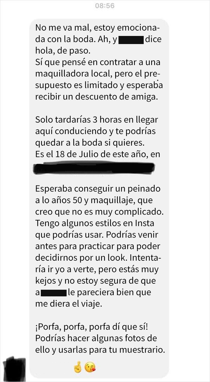 Esta maquilladora comparte capturas de pantalla de una novia que quería que le peinara y maquillara a cambio de visibilidad