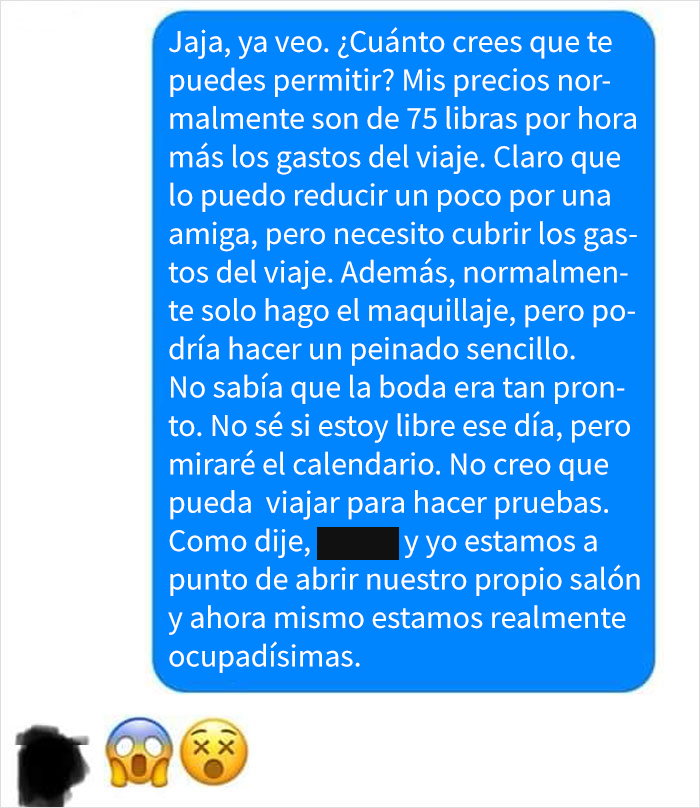 Esta maquilladora comparte capturas de pantalla de una novia que quería que le peinara y maquillara a cambio de visibilidad