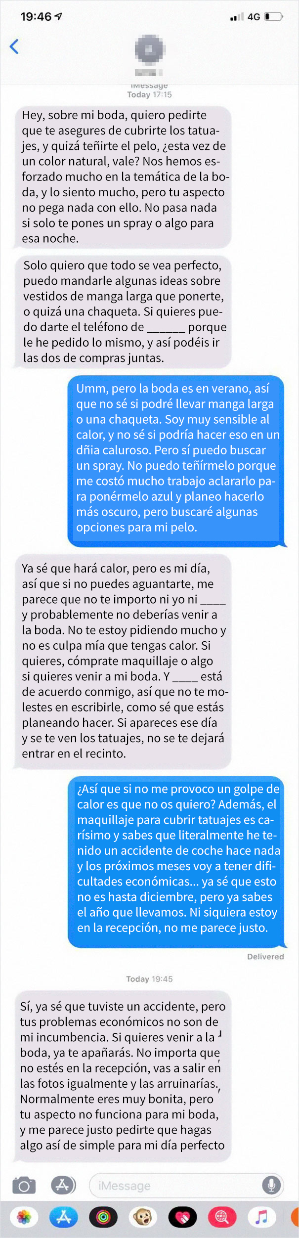 Esta novia pidió a una invitada que se tapara los tatuajes para la boda, así que compartió la conversación en un grupo para avergonzar a novias