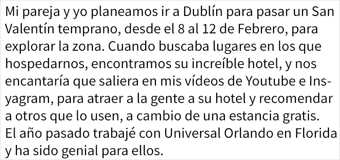 Se vuelve viral la respuesta de un hotelero enfadado al negarse a dar alojamiento gratis a una influencer