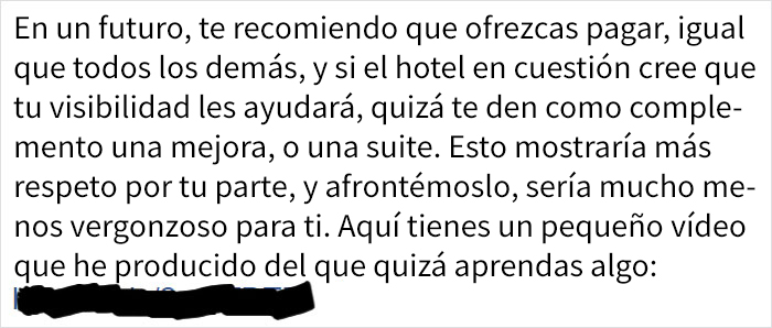 Se vuelve viral la respuesta de un hotelero enfadado al negarse a dar alojamiento gratis a una influencer