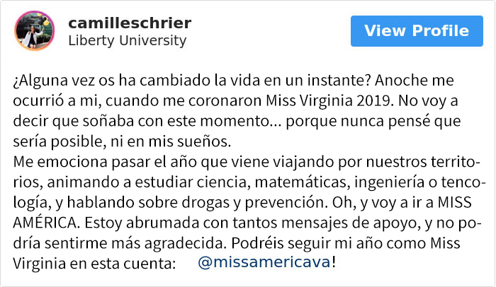 Esta bioquímica de 24 años se convierte en Miss Virginia tras realizar un experimento científico para mostrar su talento