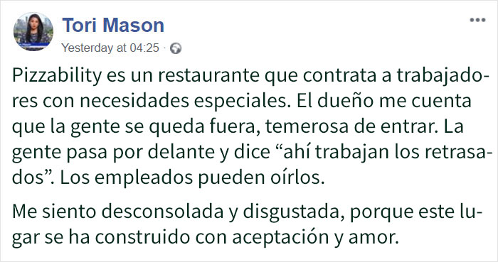 Esta mujer desconsolada pide ayuda para los trabajadores con necesidades especiales de Pizzability, ya que la gente se ríe de ellos