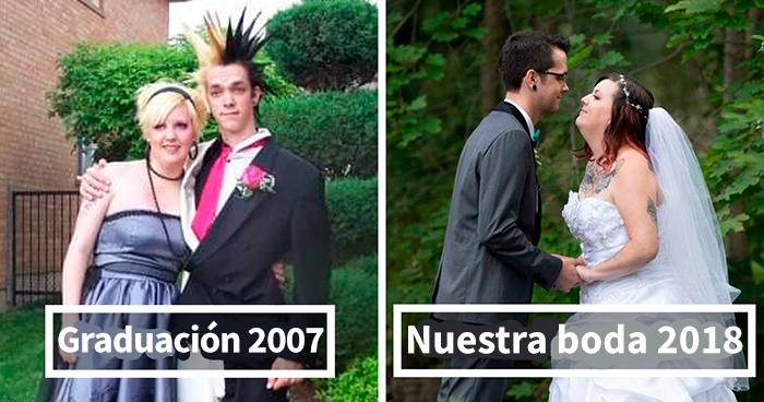 20 Personas que se casaron con su pareja de graduación y compartieron las fotos de antes y después